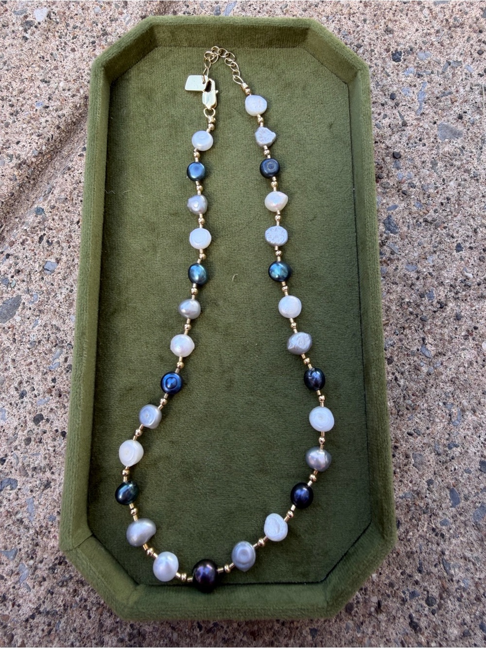 Gold Beaded Freshwater Pearl Necklace - White & Blue Pearls
